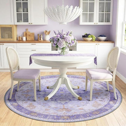 RELEANY Area Rugs Round 6ft Washable Non-Slip, Floral Vintage Distress Print Pattern Medallion Carpet for Living Room Bedroom Dining Room, Light Purple Brown