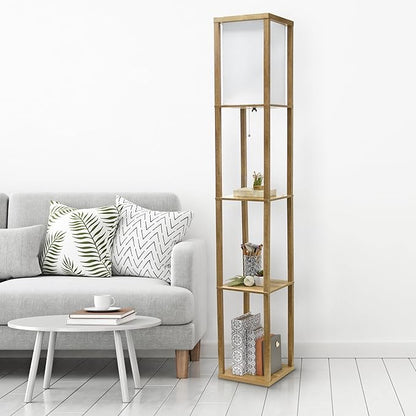 Simple Designs LF1038-WOD 62.5" Modern 3 Tier Standing Floor Lamp Etagere Organizer Storage Shelf with Linen Shade for Home Décor, Living Room, Bedroom, Office, Light Burnt Oak