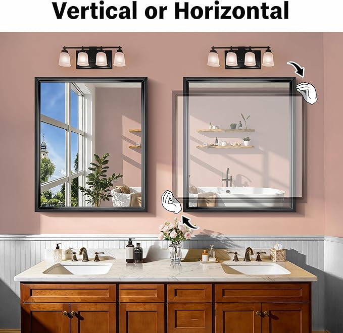 CIRCUMI 30"x36" Black Mirror with Chunky Box Metal Frame, Brushed Finish Rectangular Bathroom Mirrors for Over Sink, Living Room, Entryway, Tempered Glass Mirror for Wall, Vertical or Horizontal