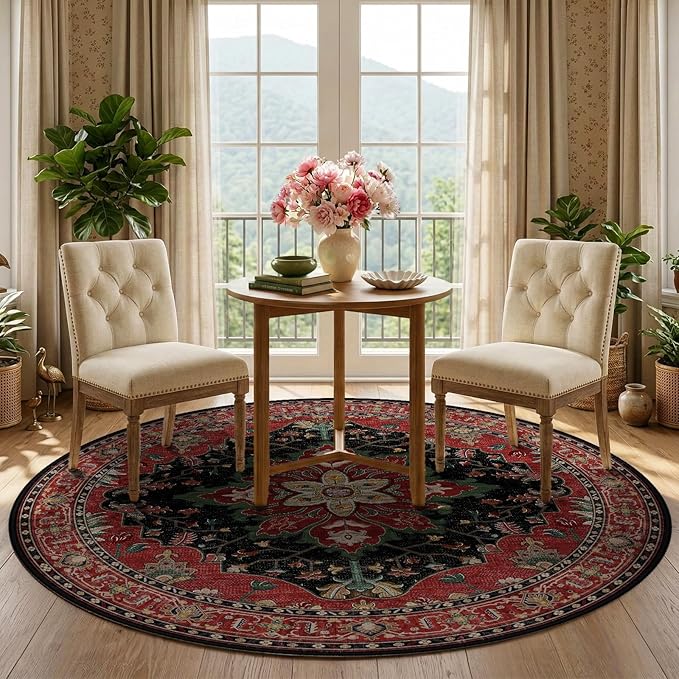 RELEANY Area Rugs Round 5ft Washable Non-Slip, Floral Vintage Distress Print Pattern Medallion Carpet for Living Room Bedroom Dining Room, Red Black