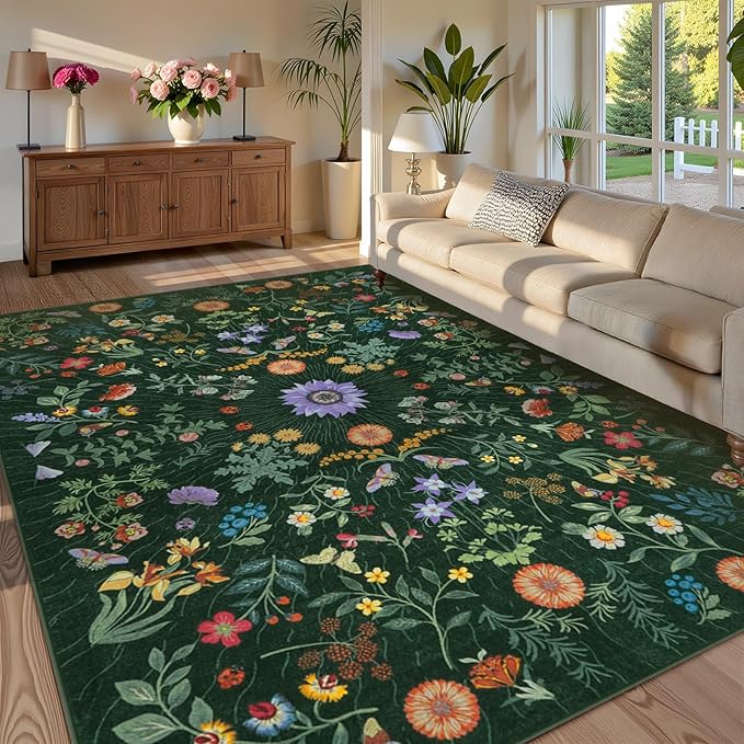 LIVEBOX Sunflower Botanical Washable 8x10 Area Rugs, Green Rug for Living Room, Non Slip Rugs for Bedroom, Boho Floral Indoor Throw Dining Room Carpet for Under Table Home Office Nursery Playroom