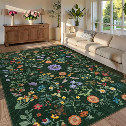 LIVEBOX Sunflower Botanical Washable 8x10 Area Rugs, Green Rug for Living Room, Non Slip Rugs for Bedroom, Boho Floral Indoor Throw Dining Room Carpet for Under Table Home Office Nursery Playroom