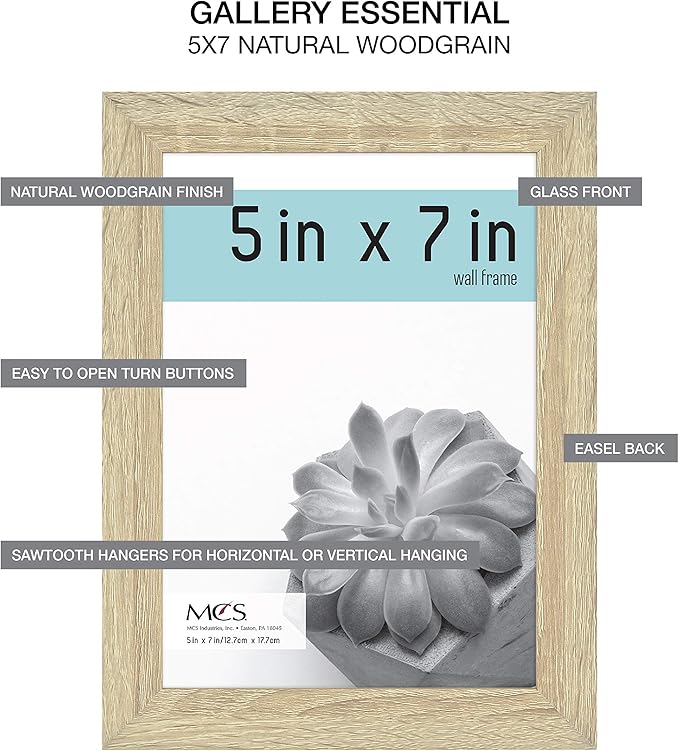 MCS Gallery Essential Picture Frame Set 4x6, 5x7 & 8x10 Natural Woodgrain, Gallery Wall Vertical & Horizontal Hanging Frames for Photos & Art Prints (15-Pack)