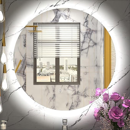LED Bathroom Mirror 24 Inch, 3 Color Temperatures (3000K/4500K/6000K), Dimmable Backlight, Anti-Fog, 5MM HD Glass, CRI 90+, Round Vanity Mirror with Light