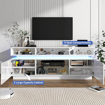 chartustriable LED TV Stand for 75 Inch TV, Modern Tall Entertainment Center with Power Outlets, High Gloss TV Stand, Gaming TV Media Console with Glass Shelf for Living Room, 63 Inch, White