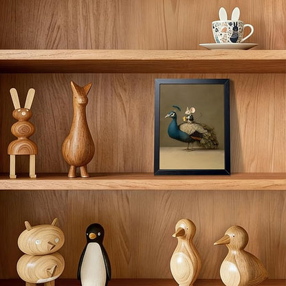 Funny Peacock & Mouse Canvas Wall Art, Abstract Animal Canvas Print Poster, A Funny Mouse Riding a Peacock Wall Decor Painting, for Living Room Bedroom Bathroom Decor 8x10 Inch Framed
