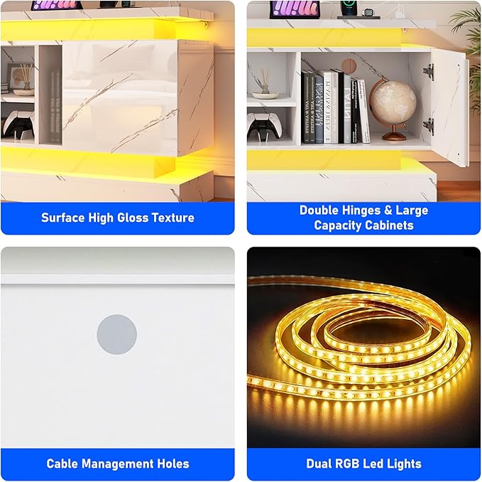 71" 2 LED Marble TV Stand for TVs 85 inch,High Gloss Gaming Tall Entertainment Center w/Power Outlet,6000-Colors LED Lights,Modern TV Media Console Table with 2 Cabinets for Living Room,White Marble