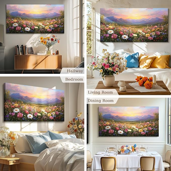 crmotu Landscape Wall Art, Oversized Wall Art, Floral Wall Decor, Mountain Flower Sunset Oil Paintings, Vibrant Scenic Pictures Wall Decor Living Room Bedroom Hallway Farmhouse Canvas Prints 29x57inch