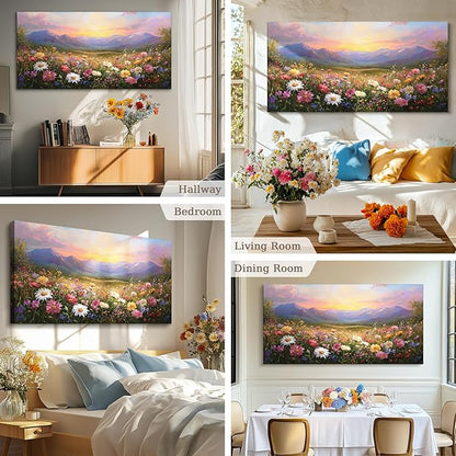 crmotu Landscape Wall Art, Oversized Wall Art, Floral Wall Decor, Mountain Flower Sunset Oil Paintings, Vibrant Scenic Pictures Wall Decor Living Room Bedroom Hallway Farmhouse Canvas Prints 29x57inch