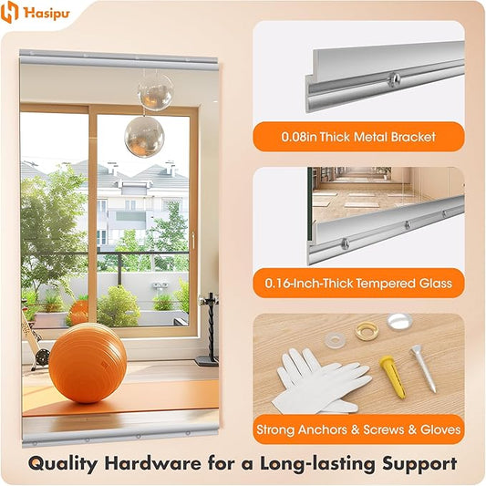Hasipu Home Gym Mirror 48" L x 24" W - 4PCS Large Full Body Mirror for Yoga, Fitness, Garage, Dance Studio, Wall-Mounted, 0.16in Tempered Glass Frameless
