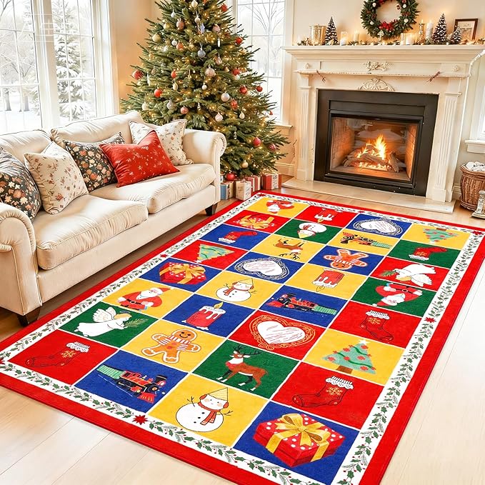 Soft Area Rugs for Living Room, 5x7 Ft Checkered Vintage Washable Geometric Print Carpet, Non Slip Low Pile Soft Bedroom Home Decor Rugs for Bedside, Office, Dining Room, Nursery, Red