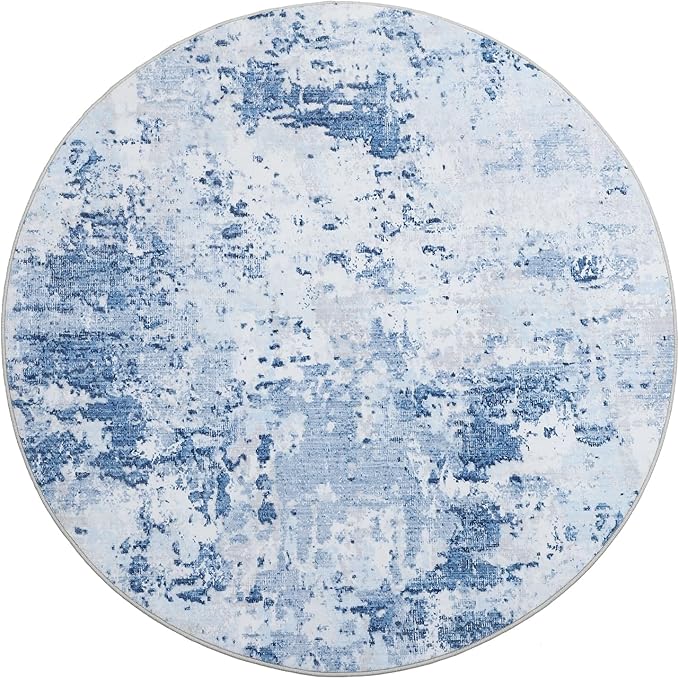 ROYHOME Modern Abstract 8x8 Round Area Rug Non Slip Non Shedding Rug Low Pile Stain Resistant for Bedroom Living Room Office Dining Room,Light Blue