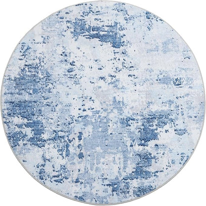 ROYHOME Modern Abstract 8x8 Round Area Rug Non Slip Non Shedding Rug Low Pile Stain Resistant for Bedroom Living Room Office Dining Room,Light Blue