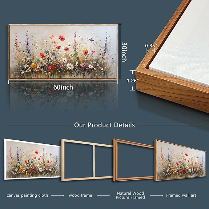 hyidecorart Large Canvas Wall Art Bedroom Wall Decor For Living Room Farmhouse Garden Watercolor flowers Wall Paintings Office Pictures Decor Print Artwork Wood Framed Room Mural Decoration