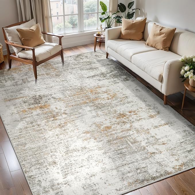 Tangsoo Abstract 3x5 Area Rug, Washable Non Slip Indoor Rugs, Modern Accent Rug Print Small Carpet, Contemporary Soft Low Pile Rugs for Living Room Dorm Bedroom Bedside Entryway Beige/Grey