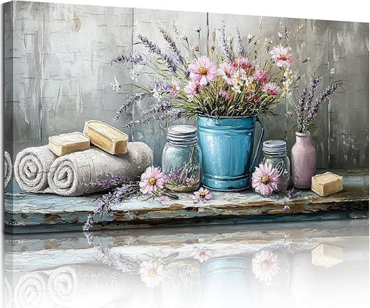 SERIMINO Still Life Large Wall Art, Nature Wildflower Canvas Art Prints, Cozy Scene Retro Aesthetic Painting, Earthy Wall Pictures for Living Room Bathroom Laundry Room Rustic farmhouse Decor 29"X57"