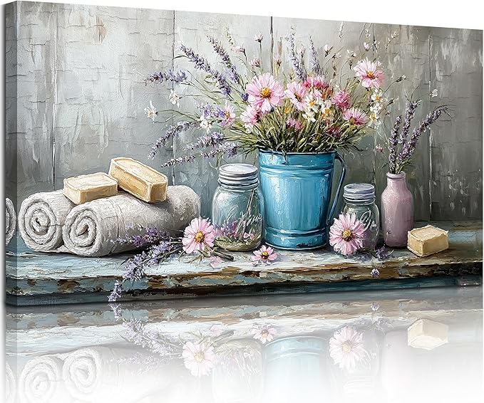 SERIMINO Still Life Flower Wall Art, Vintage Bathroom Large Wall Decor, Rustic Aesthetic Kitchen Pictures, Cottagecore Decorations for Bedroom Dining Room Laundry Room Canvas Art Prints 20"X40"