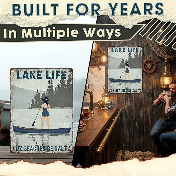 Lake Life Decor Tin Sign - Rustic Metal Wall Art for Cabin, Lakehouse & Porch - Weatherproof 12x16 Inches