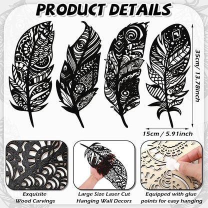 Qunclay 4 Pieces Feather Wall Decor Wooden Feather Wall Art Boho Wall Decor Laser Cut Hanging Mandala Large Rustic Farmhouse Wood Sign for Home Living Room Bedroom Bathroom Kitchen(Black)