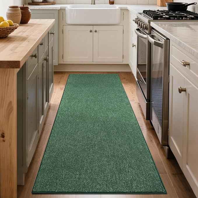 FinRèc 2x8 Washable Runner Rugs for Kitchen Hallway Bedroom, Low Pile Thin Rug Solid Color, Non-Slip Carpet Indoor for Home Decor (Green/White)