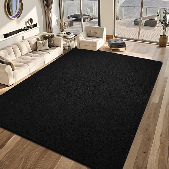 Rugs for Living Room Bedroom, 7x10 ft Black Area Rug, Washable Memory Foam Indoor Carpet, Modern Aesthetic Minimalist Non-Slip Carpets for Boys Girls Adults Home Decor