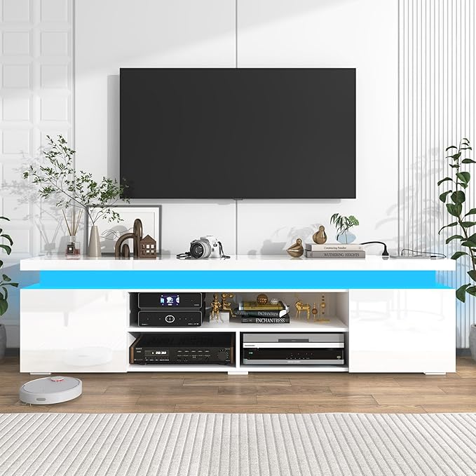 Hlivelood LED TV Stand for 85 Inch TV, Modern TV Stand with Power Outlet, High Gloss TV Console Entertainment Center with Storage and LED Lights for Living Room, Bedroom (73 Inch, White)
