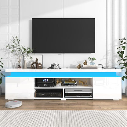 Hlivelood LED TV Stand for 85 Inch TV, Modern TV Stand with Power Outlet, High Gloss TV Console Entertainment Center with Storage and LED Lights for Living Room, Bedroom (73 Inch, White)