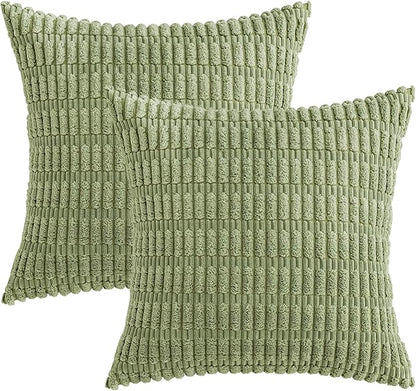 MIULEE Pack of 2 Spring Corduroy Decorative Throw Pillow Covers 12x12 Inch Soft Boho Striped Pillow Covers Modern Farmhouse Home Decor for Summer Sofa Living Room Couch Bed Sage Green