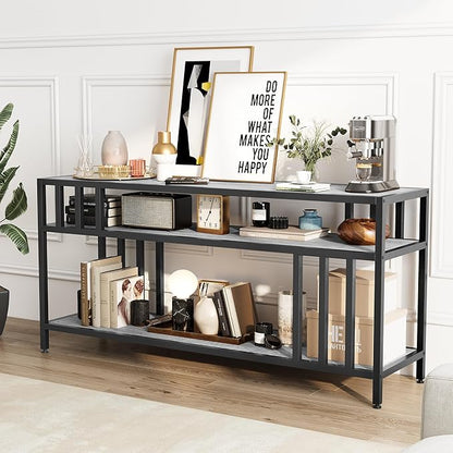 65'' TV Stand for Television up to 75 Inches, Entertainment Center with 3-Tier Open Storage Shelves, TV Media Console Table with Quadruple-Tube Support for Living Room, Grey