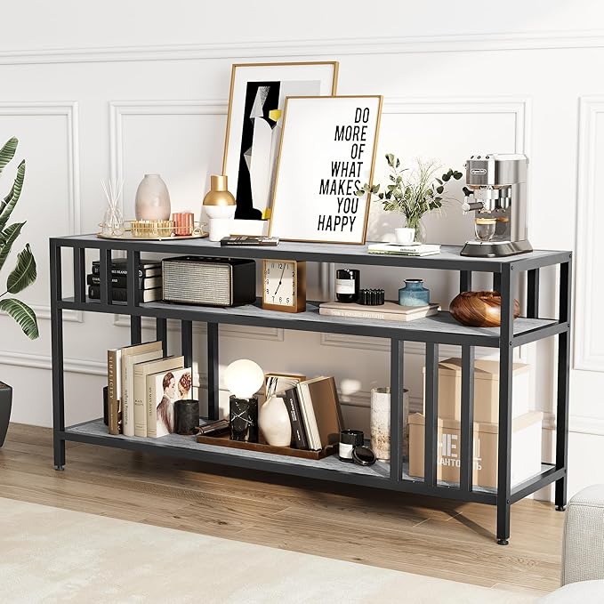 58'' TV Stand for Television up to 65 Inches, Entertainment Center with 3-Tier Open Storage Shelves, TV Media Console Table with Quadruple-Tube Support for Living Room, Grey
