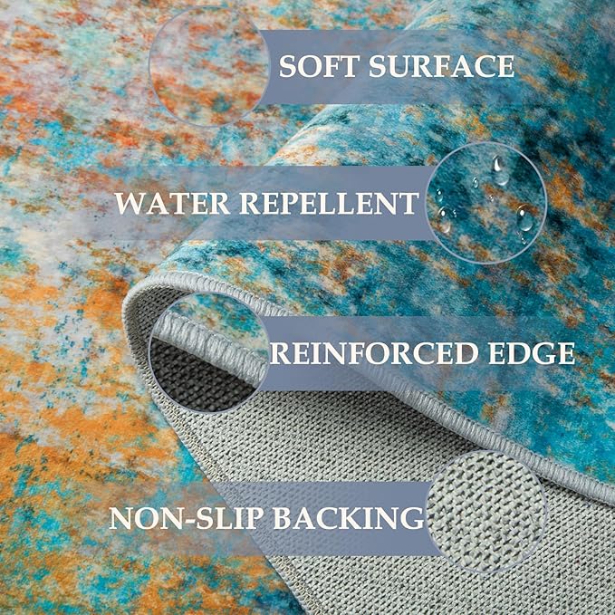 RELEANY Washable Area Rugs 9'x12' Non-Slip Modern Abstract Soft for Living Room Entryway Bedroom Nursery, Print Pattern, Teal Blue Green Orange Rust Red Coloreful