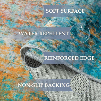 RELEANY Washable Area Rugs 9'x12' Non-Slip Modern Abstract Soft for Living Room Entryway Bedroom Nursery, Print Pattern, Teal Blue Green Orange Rust Red Coloreful