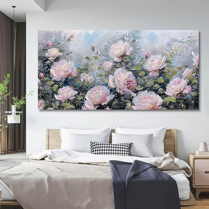 Enartly Pink Flower Wall Art Large Living Room Bedroom Wall Decor Rose Canvas Painting Floral Picture Bloosom Textured Green Modern Artwork Framed for Bathroom Kitchen Home Office Decoration, 40"x20"