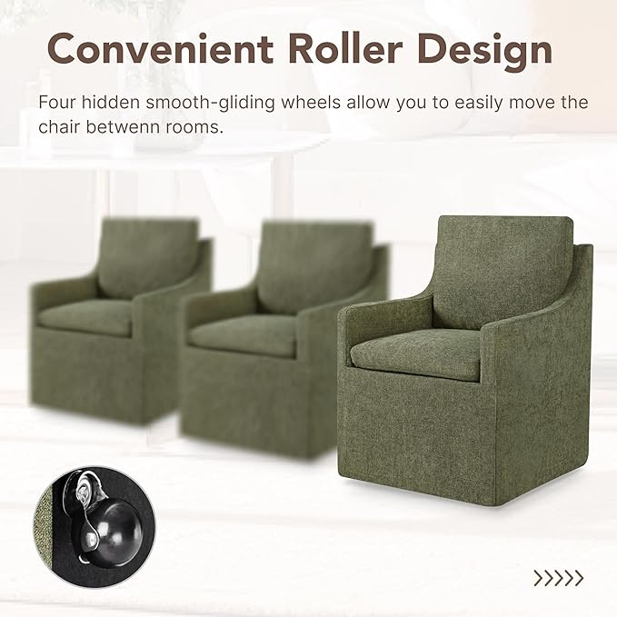 KISLOT Upholstered Dining Chairs Set of 1, Modern Dining Room Chairs with Casters & Washable Cover, Rolling Accent Chair with Hidden Storage for Kitchen, Farmhouse, Living Room, Green, 1 Box