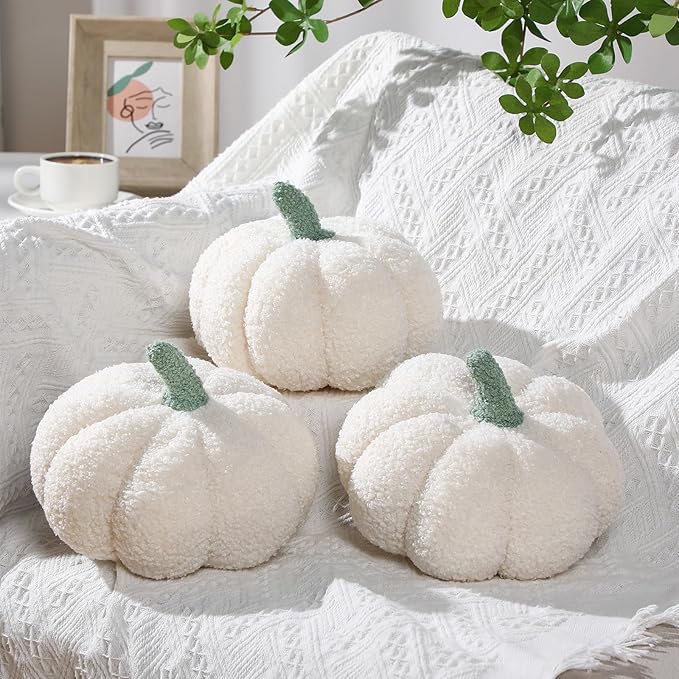Namalu 3 Pcs Thanksgiving Pumpkin Pillows 3D Throw Cushion Soft Sofa Pillows Stuffed Pumpkin Decoration for Fall Winter Living Room Home Christmas Thank You Gifts(7.87 Inch,White)
