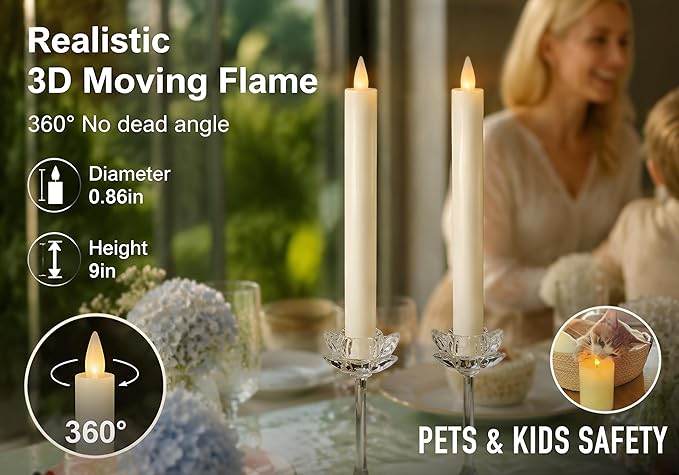 Flameless Taper Candles Flickering with Remote and Timer, 3D Moving Flame Taper Candle Battery Operated to 400 Hours, 9 Inch Window Candles, (White)