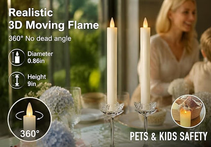 Flameless Taper Candles Flickering with Remote and Timer, 3D Moving Flame Taper Candle Battery Operated to 400 Hours, 9 Inch Window Candles, (White)