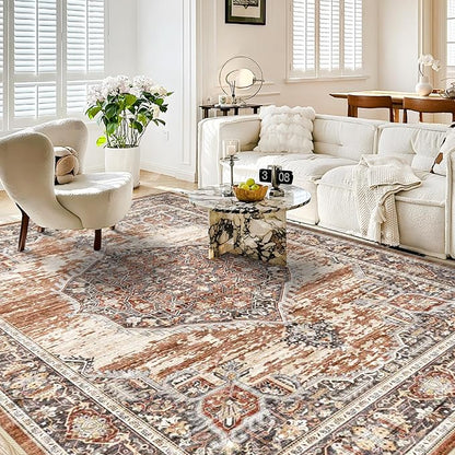 Washable Rug 8x10 Area Rugs: Super Soft Ultra-Thin Carpet - Non-Slip Backing Rugs for Bedroom Dining Room - Stain Resistant Vintage Large Area Rug 8'x10' Brick