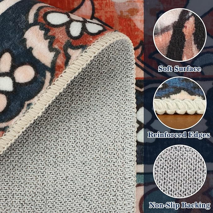 Tiger Washable Area Rugs for Living Room 5x7Ft Non Slip, Botanical Jungle Bedroom Rugs, Soft Boho Animal Printed Kids Nursery Floor Carpets for Dining Room Dorm Farmhouse Office, Red Blue