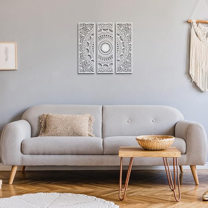 Blulu 3pcs Mandala Wall Art Carved Wood Wall Art Floral Aesthetic Wooden Plaque Set Wood Carving Decor Farmhouse Modern Cutout Plaque for Home Bathroom Decoration(15.8 x 5.1 Inch,White)