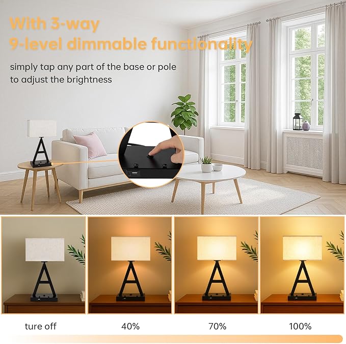 Button Control Table Lamp, Black A-Shape: 3-Way Dimmable Desk Lamp with USB C & USB A Ports, Fabric Shade Bedside Lamp with Phone Stand for Office, Bedroom, Living Room, Includes LED Bulb