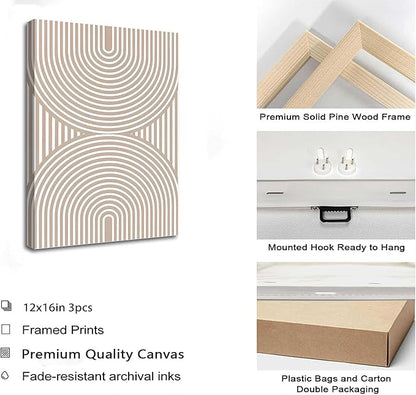 3Pcs Beige Neutral Canvas Wall Art Boho Minimalist Line Paintings Abstract Beige and White Line Wall Decor Mid Century Geometric Posters Prints for Living Room Bedroom Office Art Pictures Framed