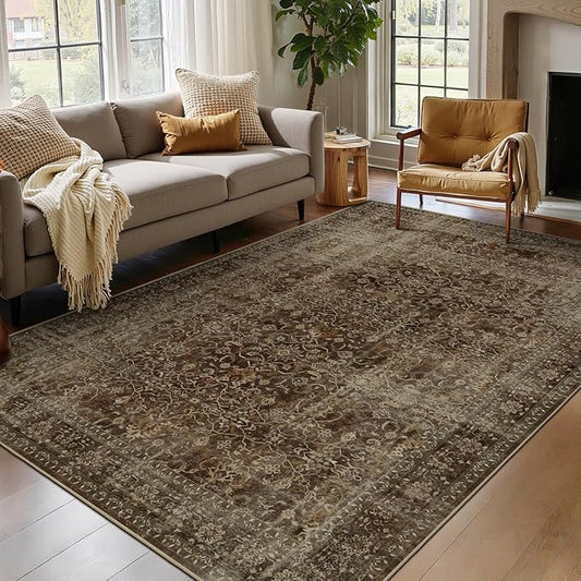 Coffee Brown 5x7 Living Room Rug, Vintage Distressed Washable Non Slip Area Rugs for Bedroom Dining Room, Warm Earth Tone Low Pile Thin Carpet Rugs for Den/Home Office/Kitchen/Foyer