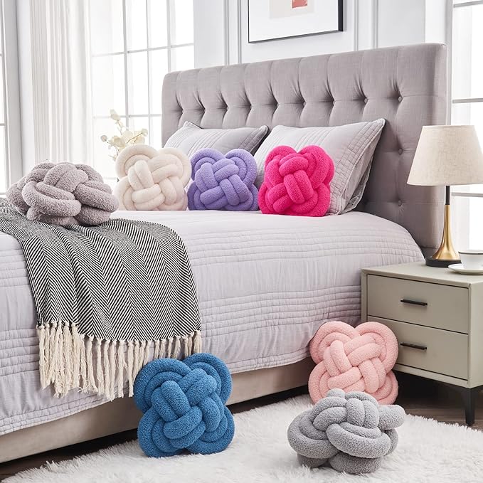 Knot Pillow, 12" Soft Decorative Throw Pillows for Couch Bed, Gray Pink Knotted Plush Throw Pillow Handmade Square Cushion Home Decor Pillows (Rust Red, 12 Inches X12 Inches)