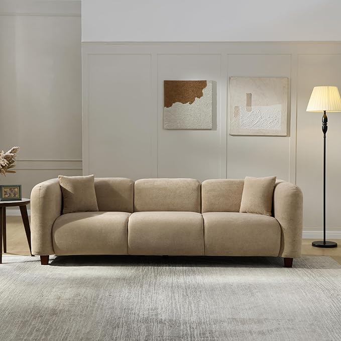 Merax 87" Chenille Upholstered Sofa Couch 3 Seater with 2 Pillows, Modern Living Room Sofa with Solid Wood Legs, Camel