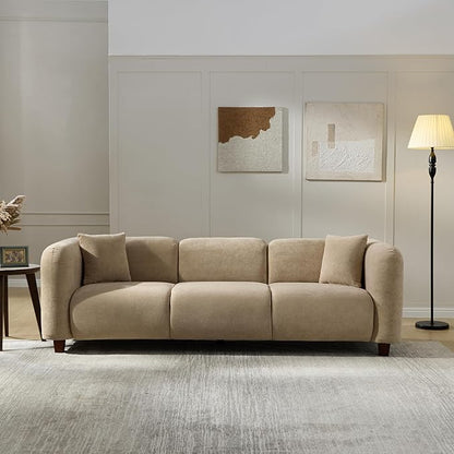 Merax 87" Chenille Upholstered Sofa Couch 3 Seater with 2 Pillows, Modern Living Room Sofa with Solid Wood Legs, Camel