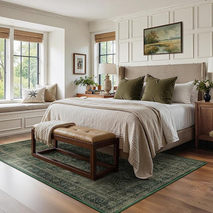 Dark Green Area Rugs 5x7 for Living Room, Vintage Moody Room Rug for Bedroom, Washable Non Slip Low Pile Carpet Rugs for Dining Room/Home Office, Earth Tone Jungle Green with Brown Accents