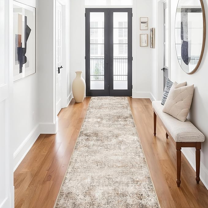 Beige Runner Rugs for Hallway: Abstract Washable Runner Rug 2x10 for Entryway Kitchen Bedroom Bathroom - Modern Cozy Home Decor Long Carpet Mat Stain-Resistant