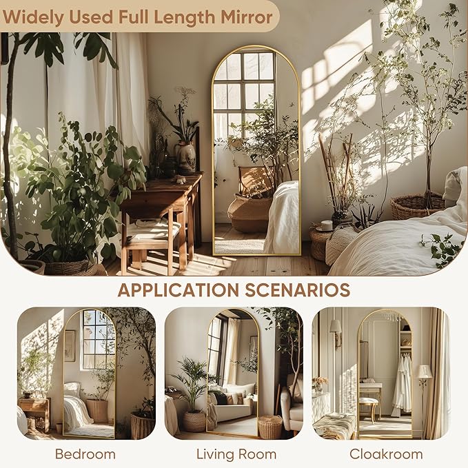 58"x18" Full Length Mirror, Arched Full Body Mirror, Standing Hanging or Leaning Floor Mirror for Bedroom and Living Room, Gold