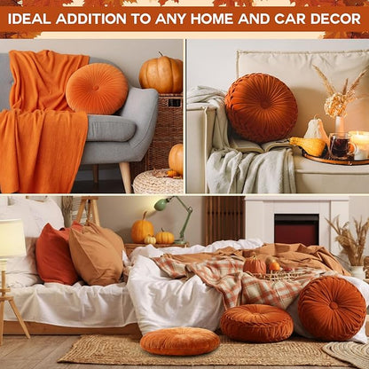 Beeveer 3 Pcs Round Throw Velvet Pillows Classy Accent Pumpkin Throw Pillows 15 Inch Decorative Cushion for Couch Chair Bed Car, 2 Styles(Orange)
